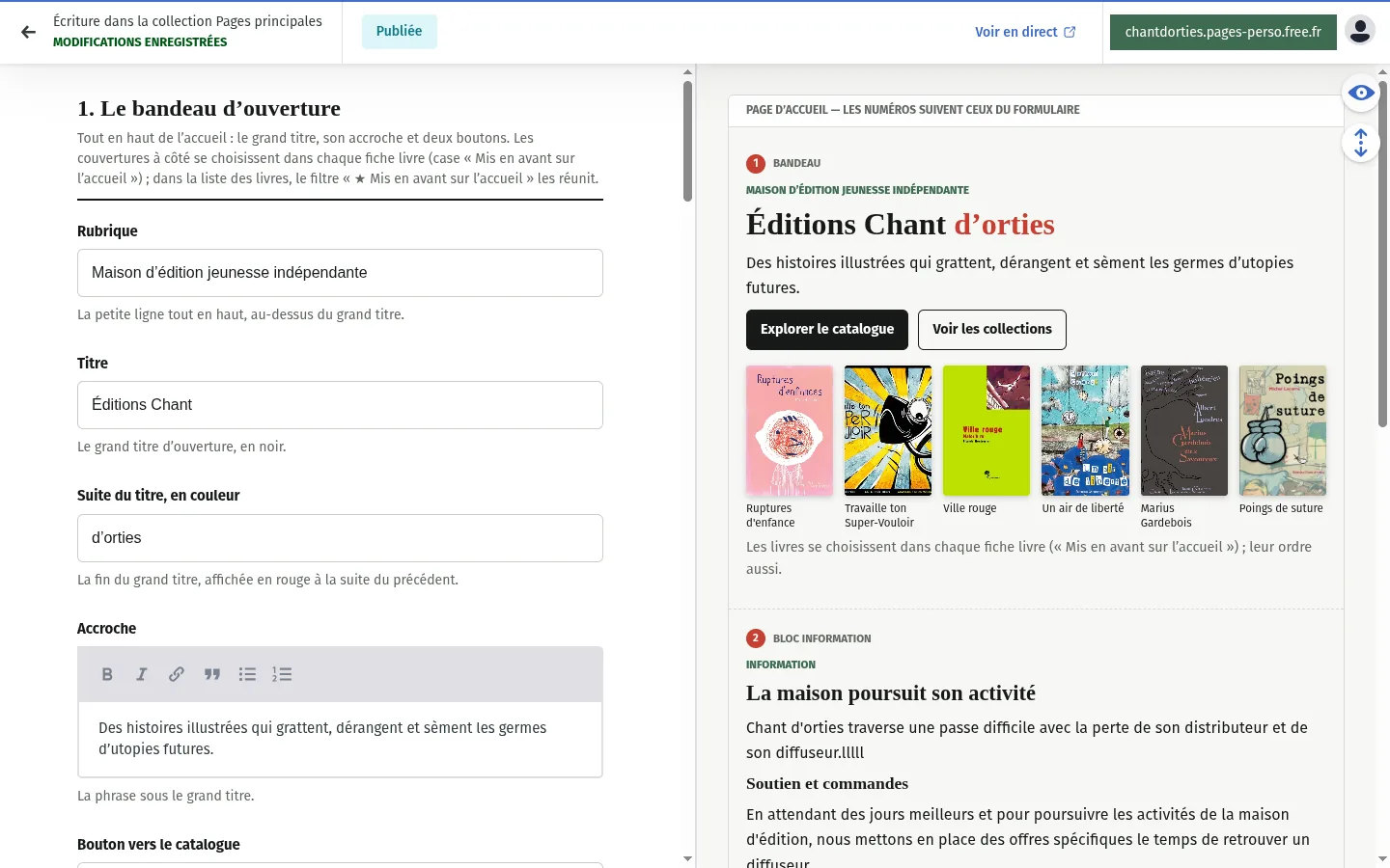 Formulaire de la page d’accueil à gauche et aperçu à droite