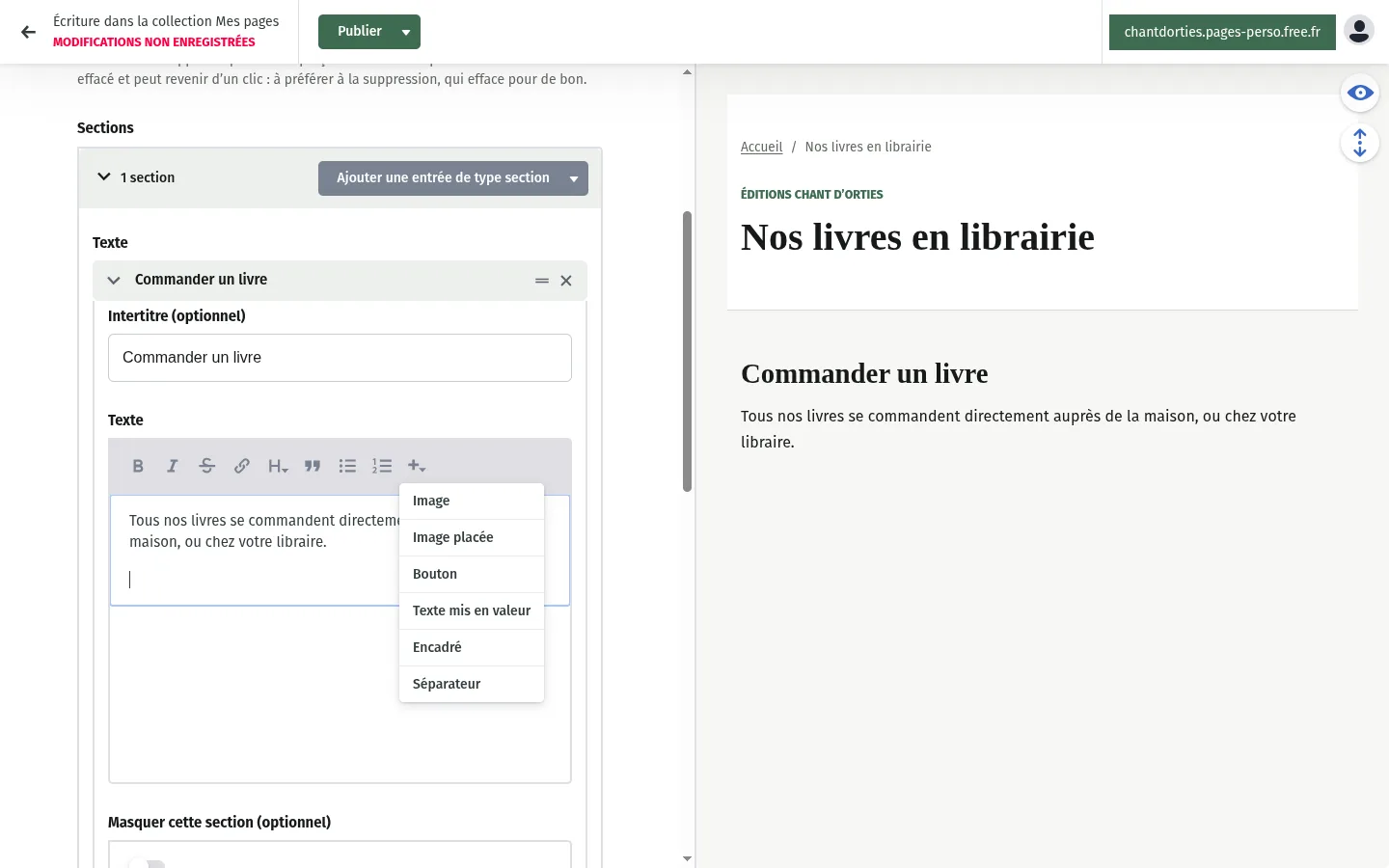 Le menu Ajouter un composant ouvert : Image, Image placée, Bouton, Texte mis en valeur, Encadré, Séparateur