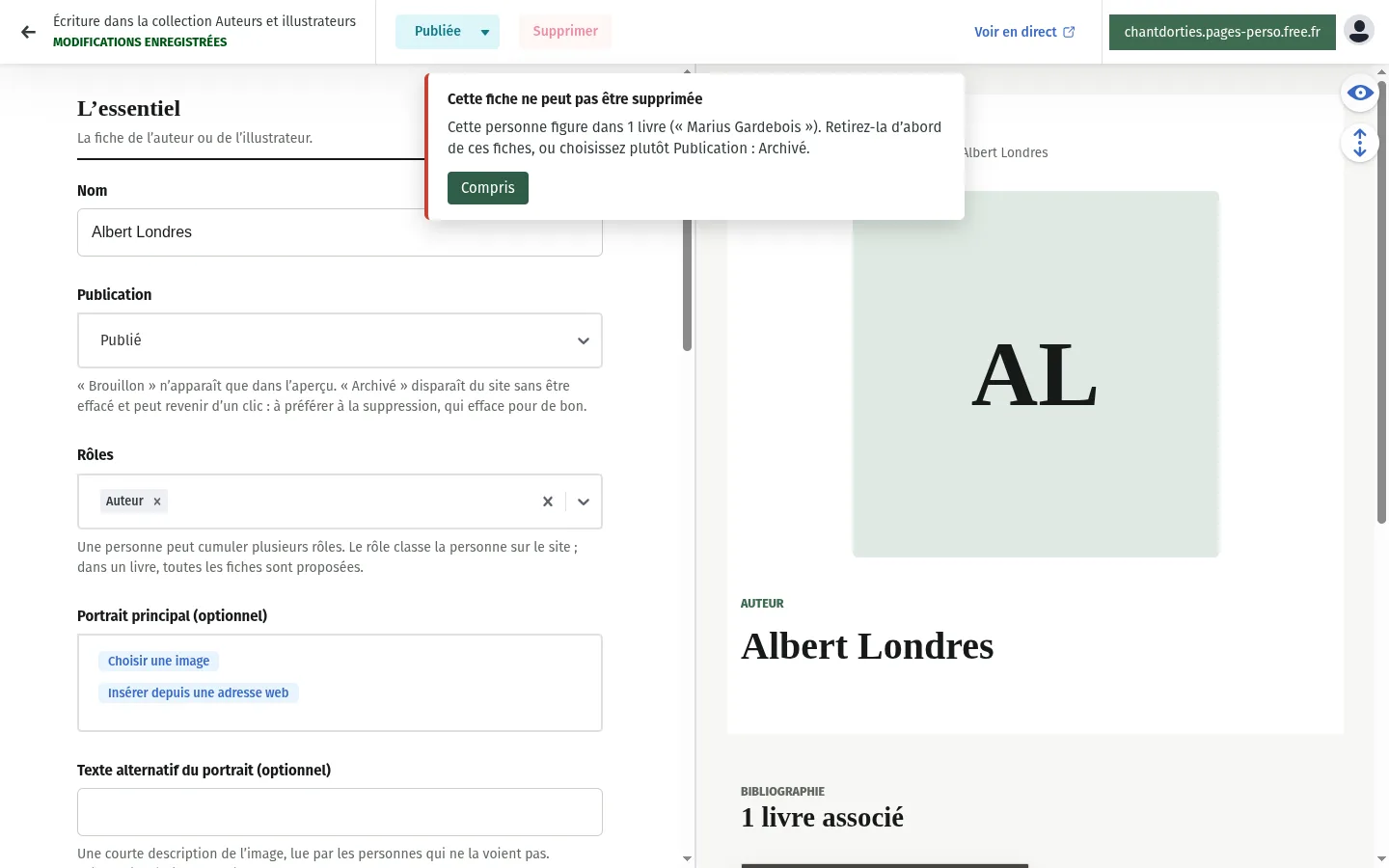 Fiche d’un auteur : le bouton Supprimer est grisé et un message explique que la personne figure dans un livre