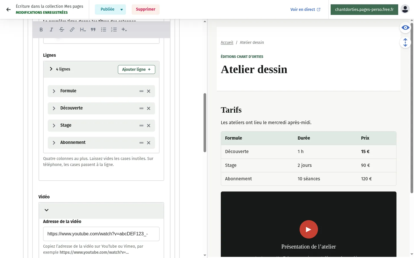 Un bloc Tableau avec ses quatre lignes et un bloc Vidéo avec son adresse YouTube ; à droite, l’aperçu montre le tableau des tarifs et le bouton de lecture « Présentation de l’atelier »